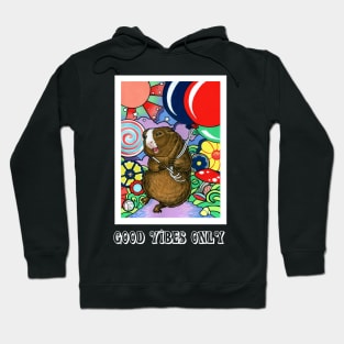 Happy Guinea Pig With Balloons - Good Vibes Only - White Outline Hoodie